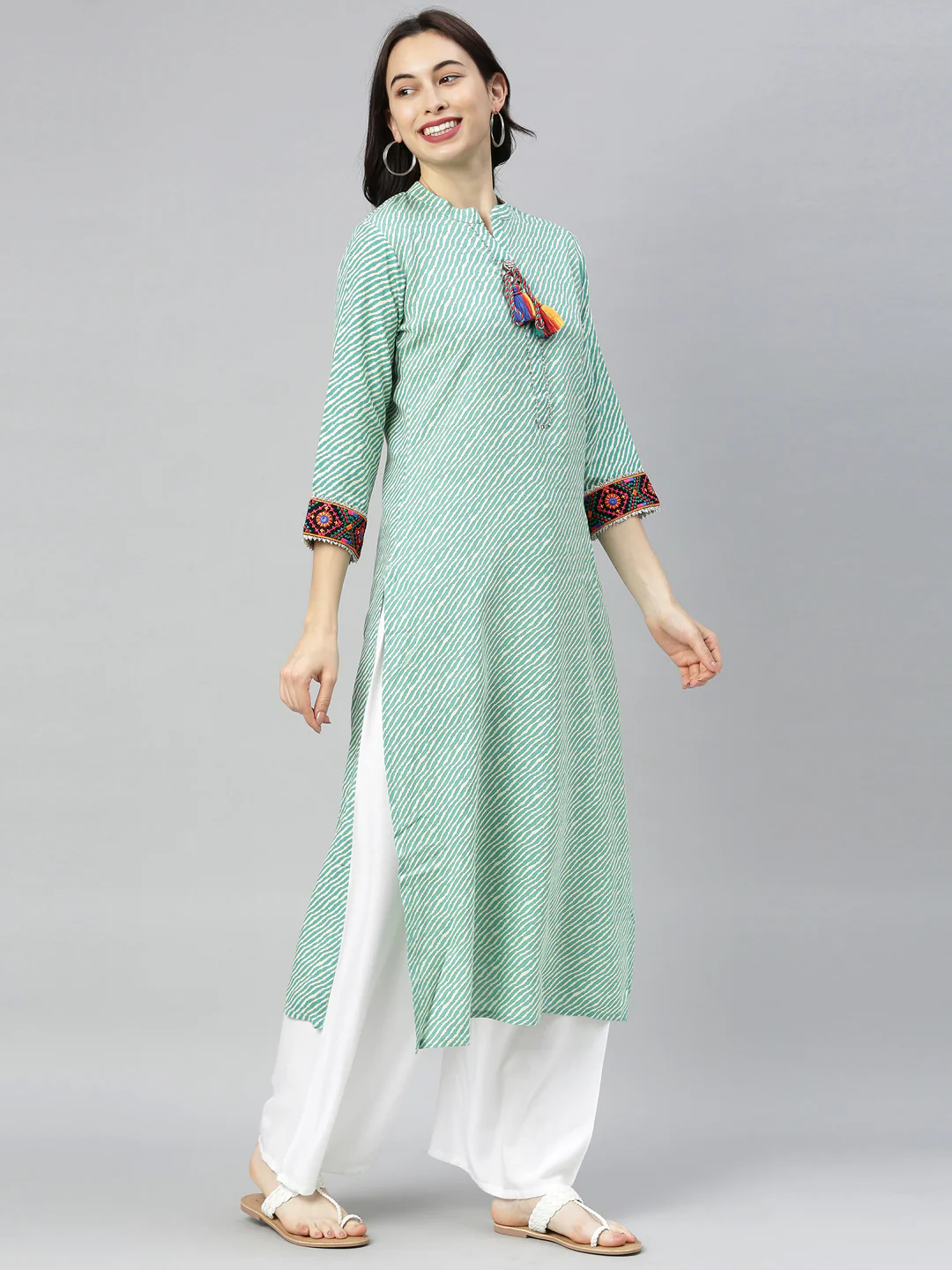 Neerus Green Striped Straight Kurta - Image 6
