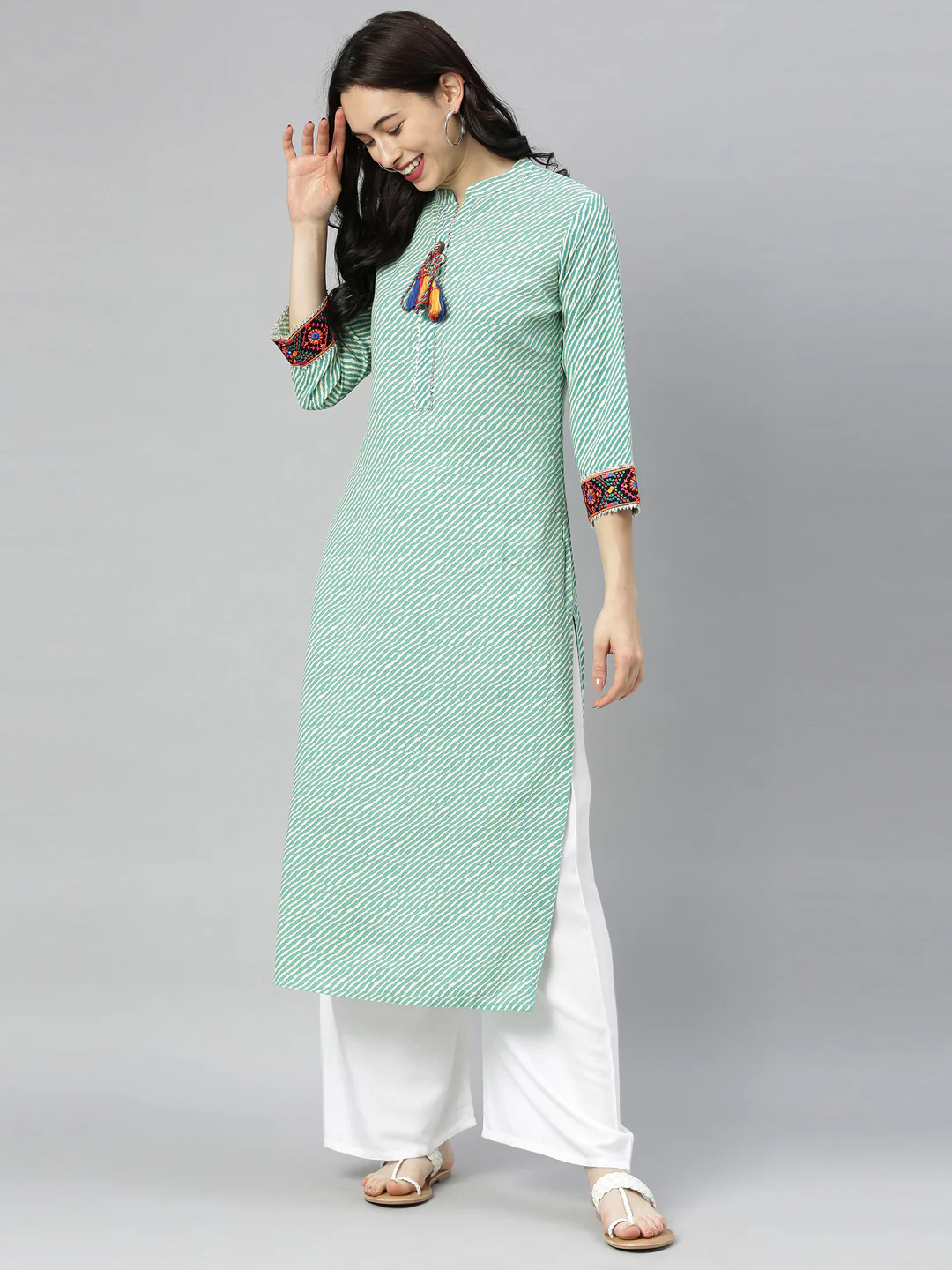Neerus Green Striped Straight Kurta - Image 8