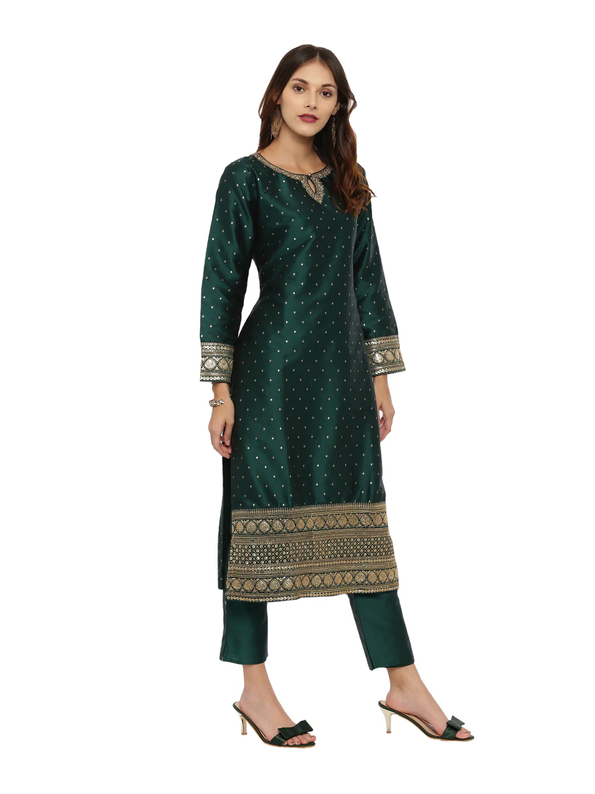 Neerus Green Textured Kurta With Pant & Dupatta - Image 3