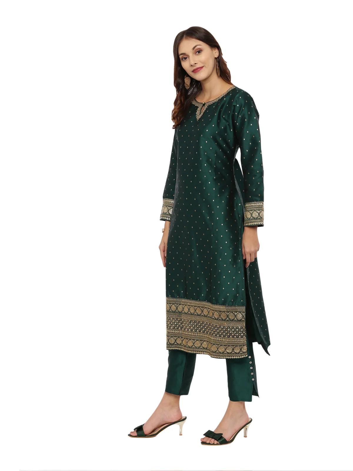 Neerus Green Textured Kurta With Pant & Dupatta - Image 5
