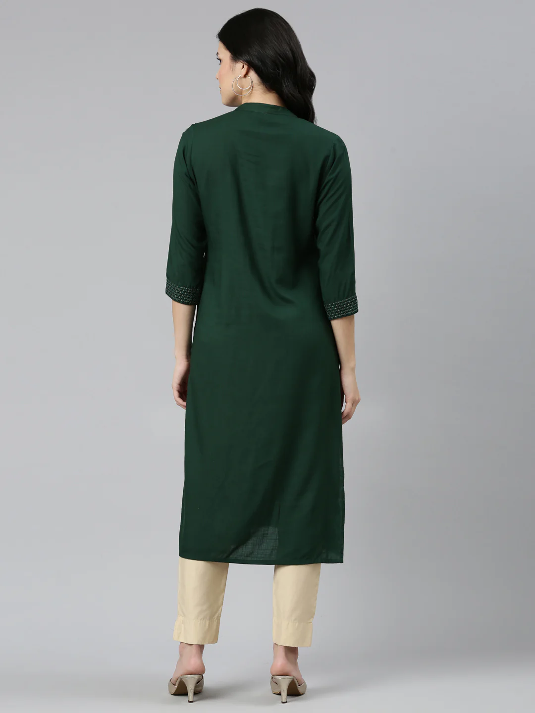 Neerus Green Tiered Straight Solid Kurta - Image 3