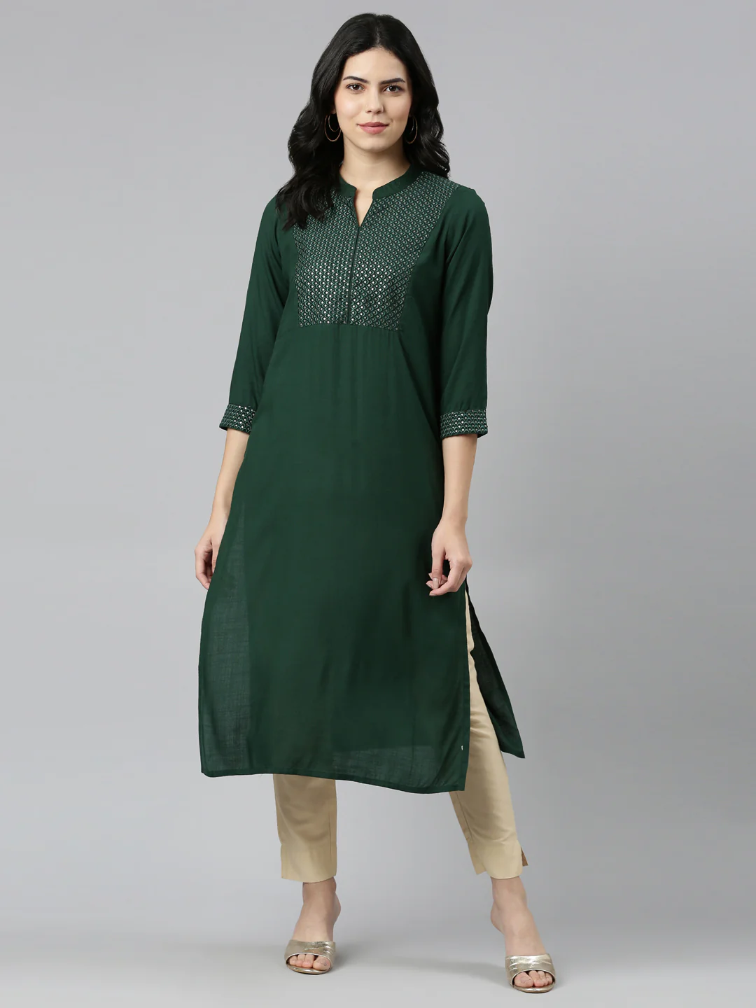 Neerus Green Tiered Straight Solid Kurta - Image 5