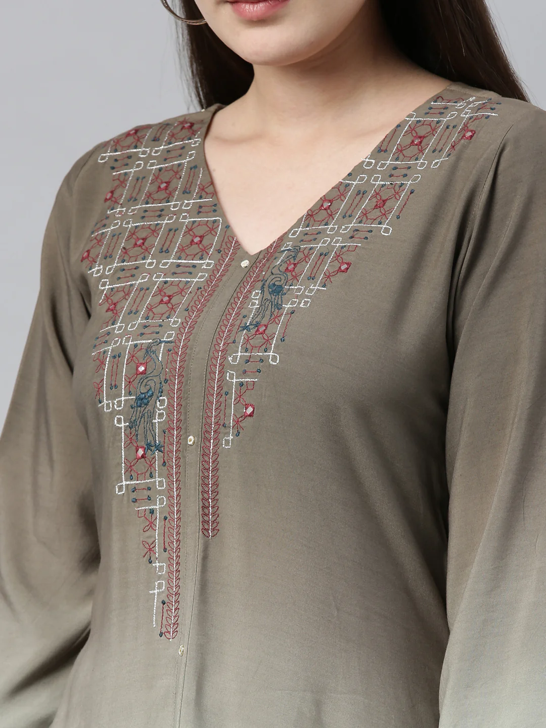 Neerus Green & White Embroidered Kurta & Palazzo Set - Image 3