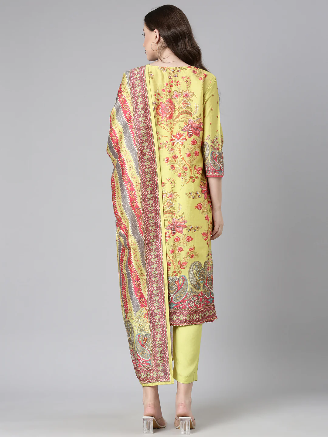 Neerus Green Yoke Design Straight Kurta and Trousers With Dupatta - Image 3