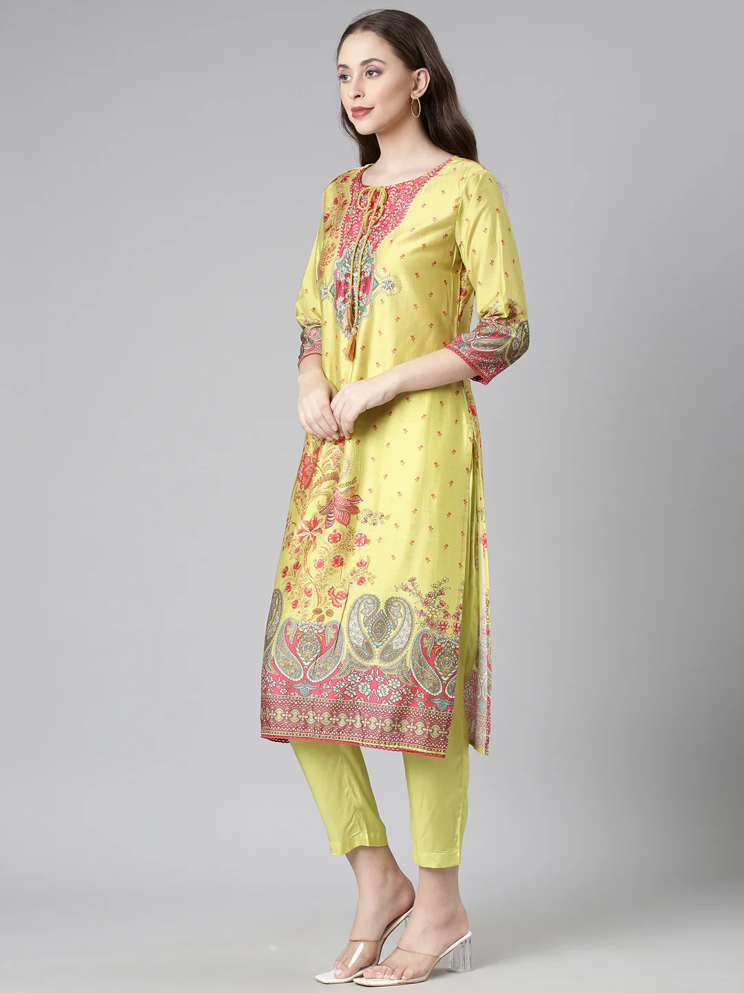 Neerus Green Yoke Design Straight Kurta and Trousers With Dupatta - Image 5
