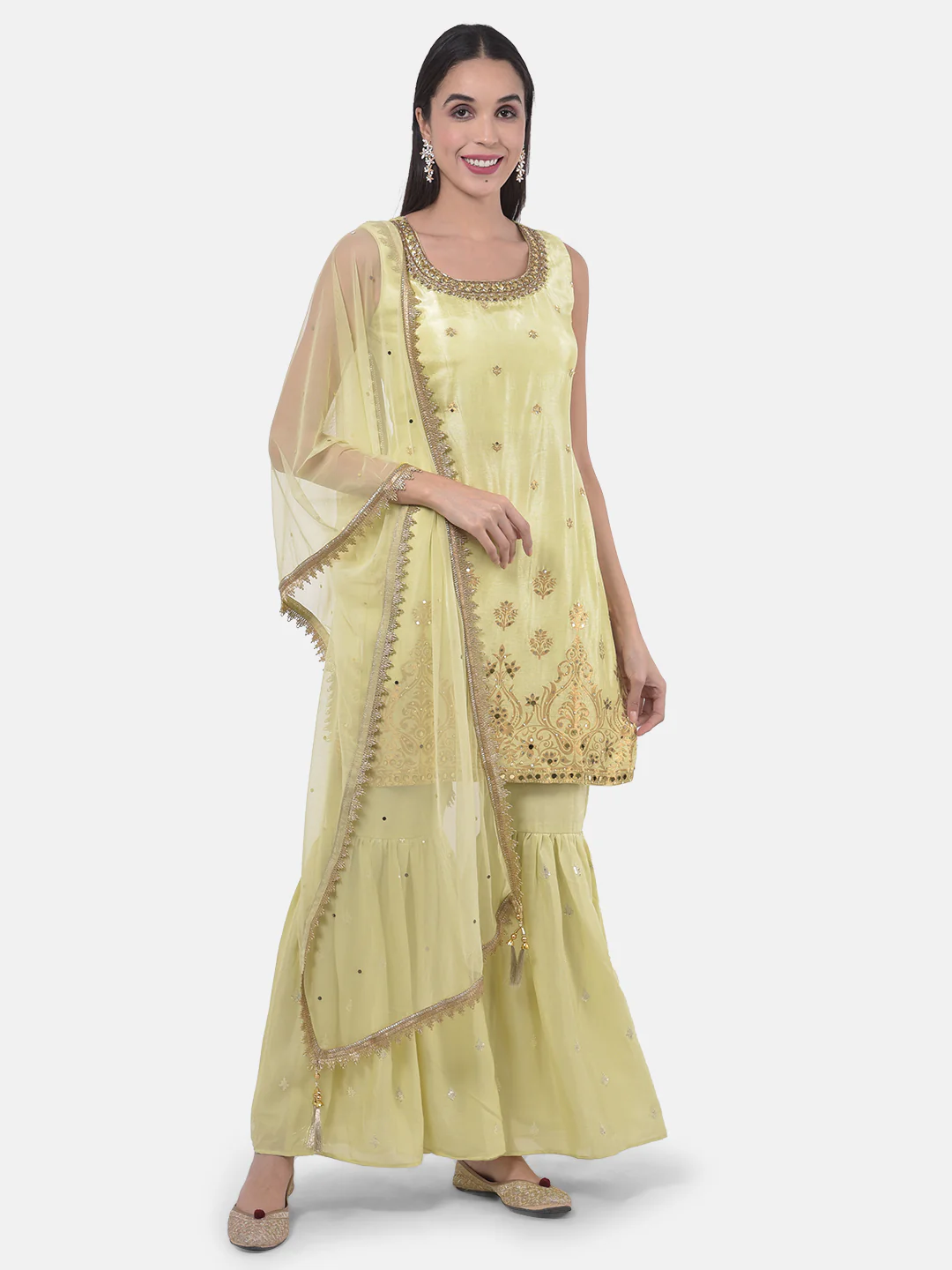 Neerus Green Zari Kurta With Sharara & Dupatta - Image 8