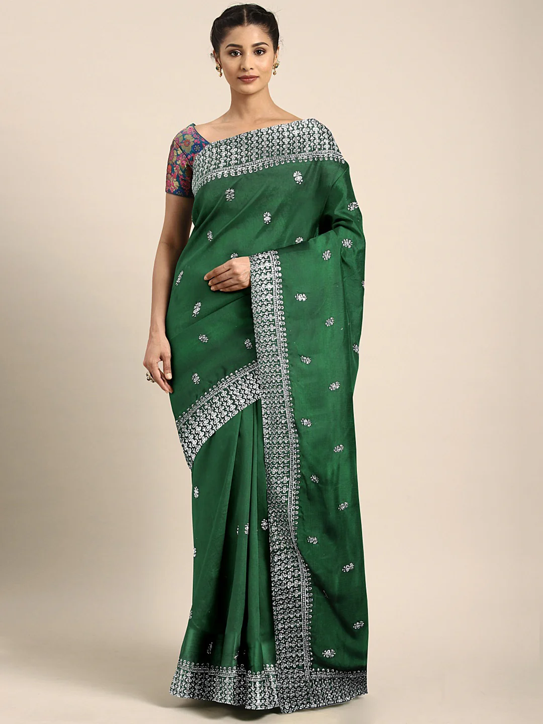 Neerus Green Zari Saree With Blouse