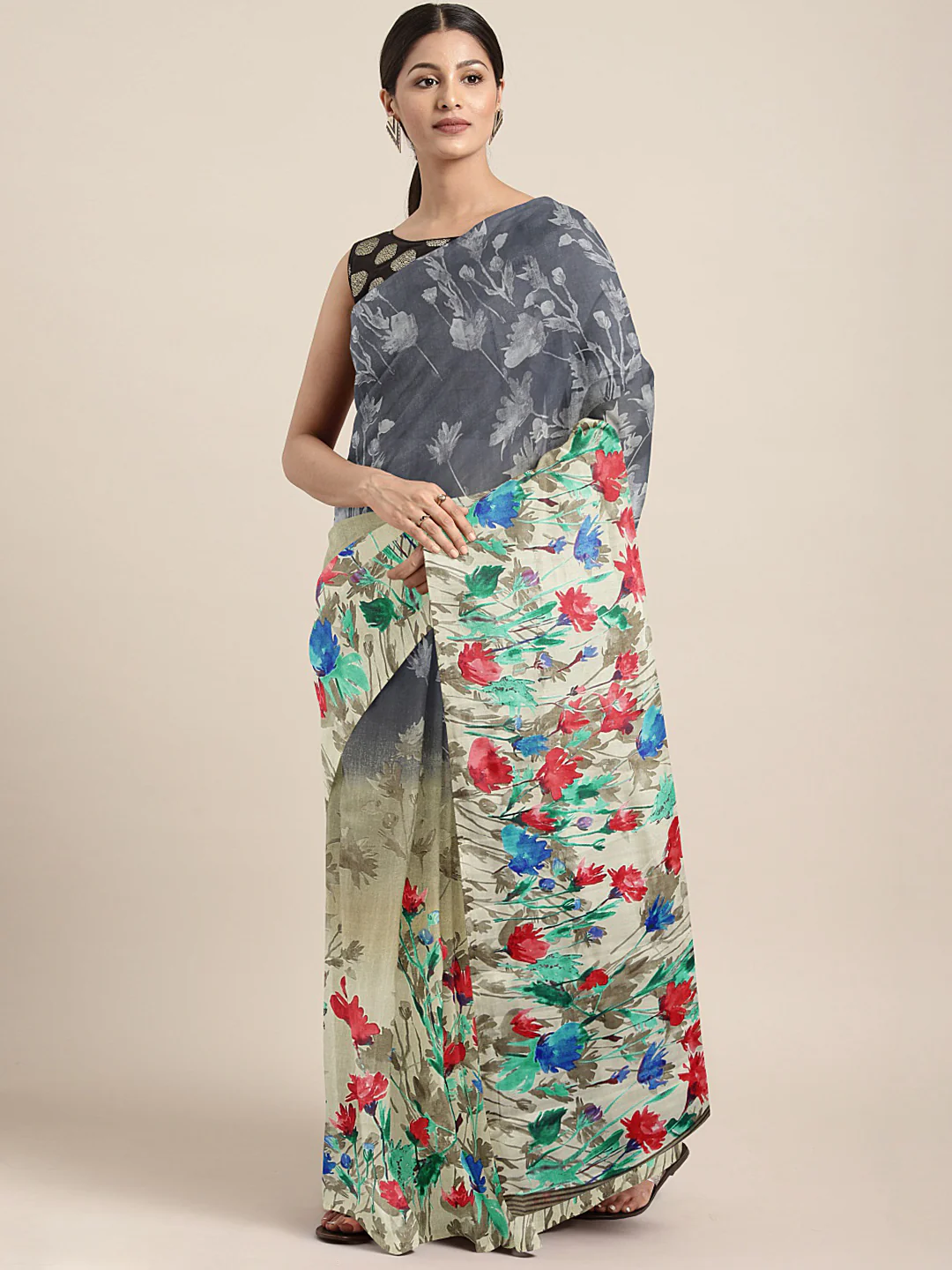 Neerus Grey & Beige Printed Saree With Blouse