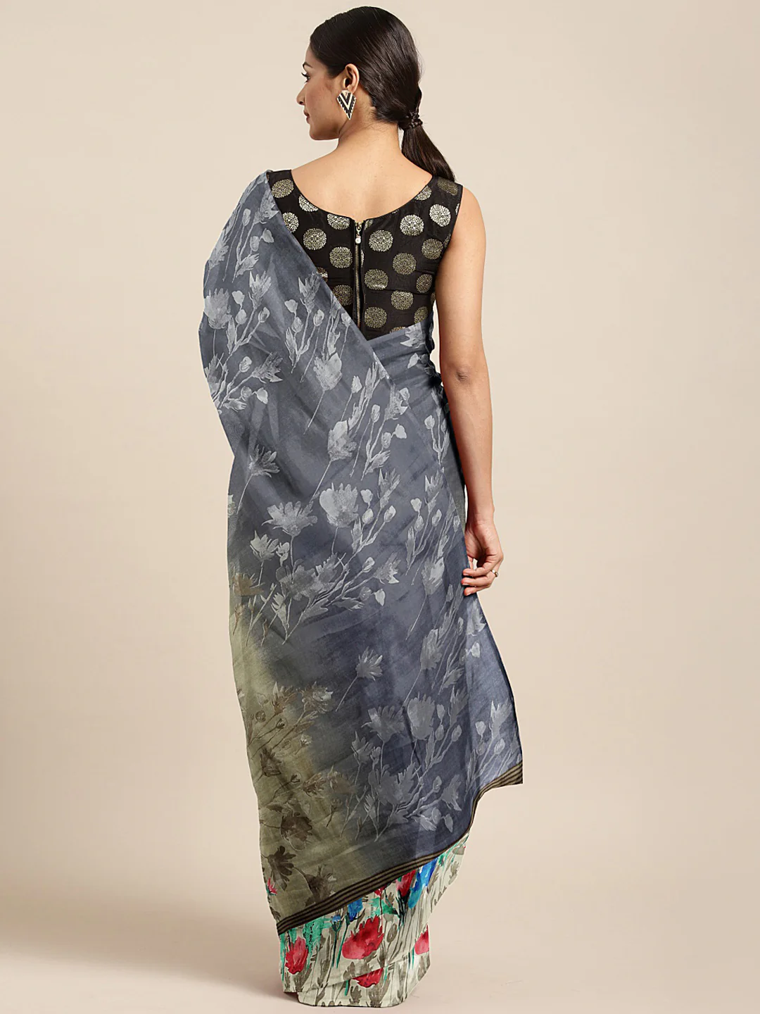 Neerus Grey & Beige Printed Saree With Blouse - Image 2