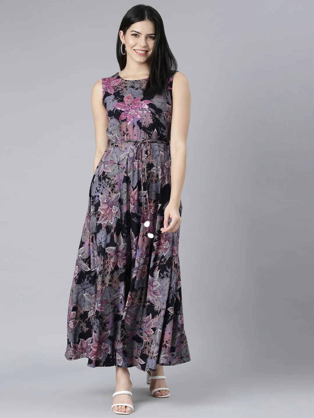 Neerus Grey Casual Floral Fit and Flare Dresses - Image 5
