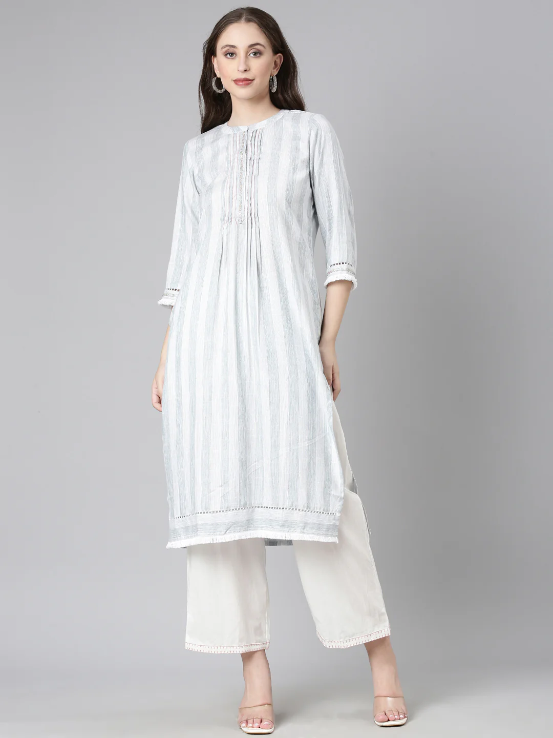 Neerus Grey Casual Striped Straight Kurta