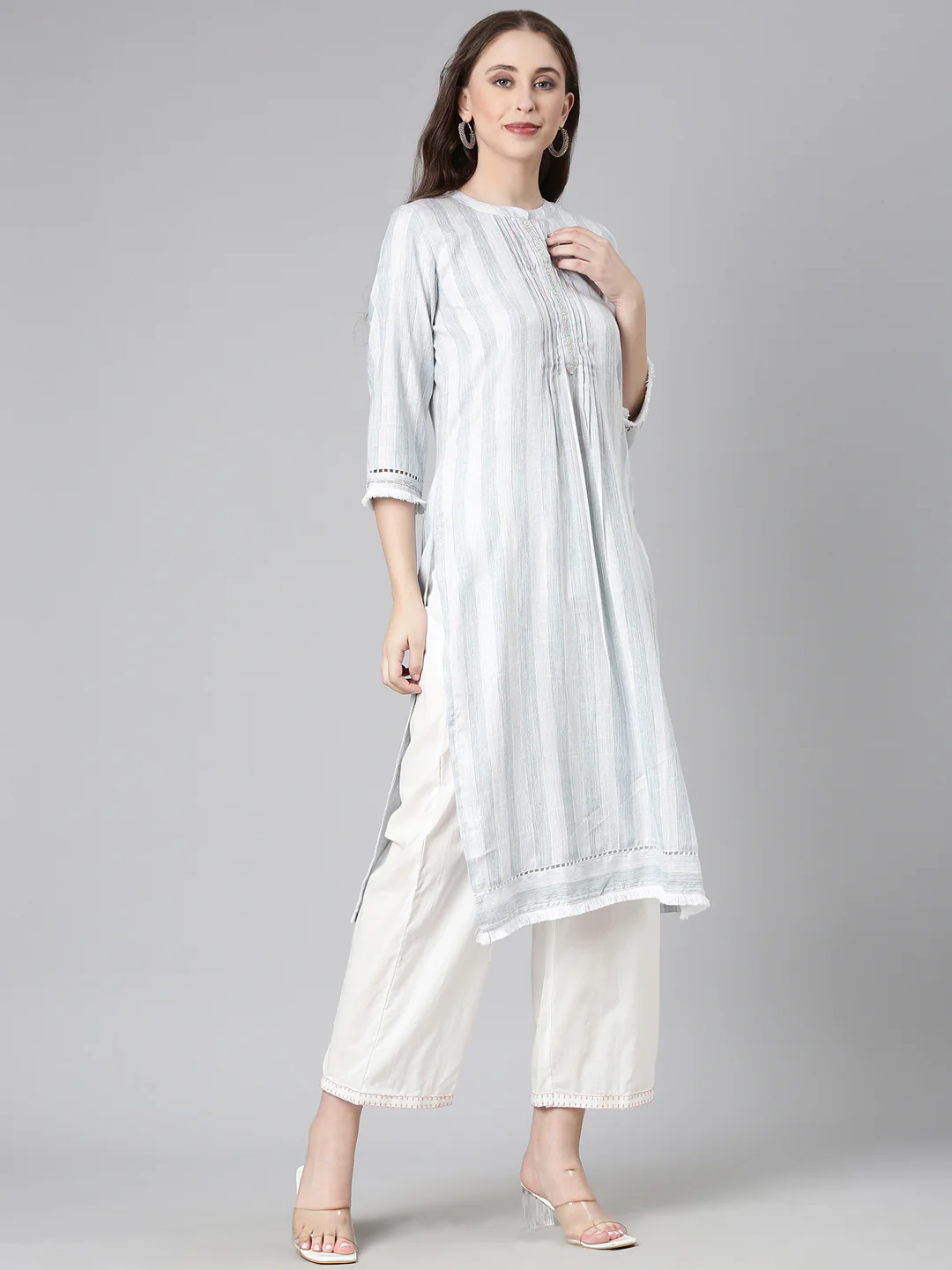 Neerus Grey Casual Striped Straight Kurta - Image 2