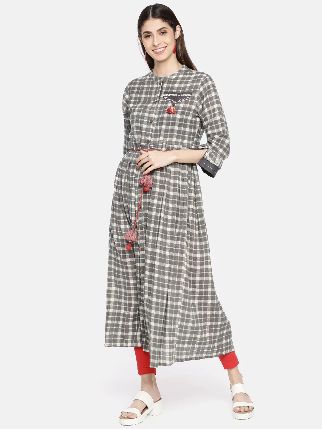 Neerus Grey Check Straight Kurta