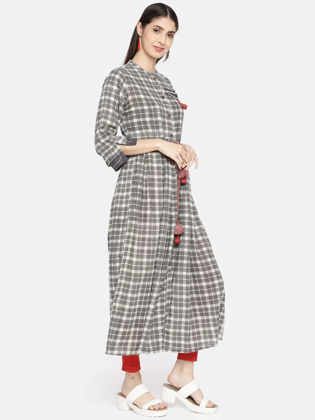 Neerus Grey Check Straight Kurta - Image 3