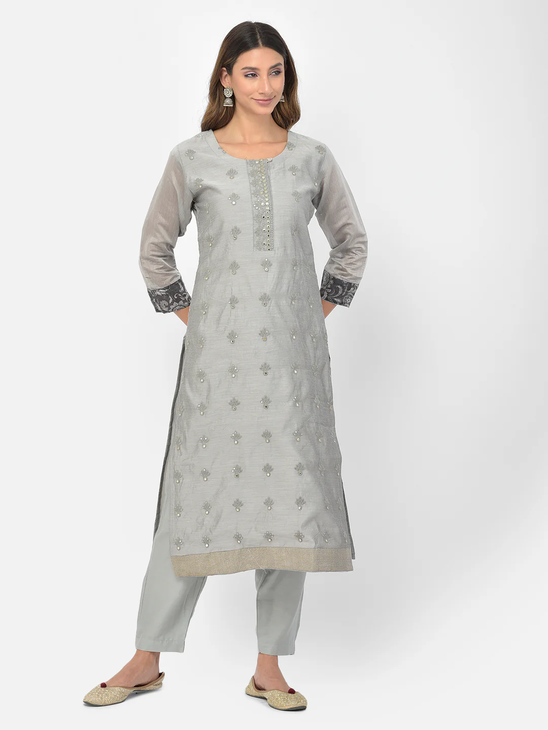 Neerus Grey Color Chanderi Fabric Salwar Kameez