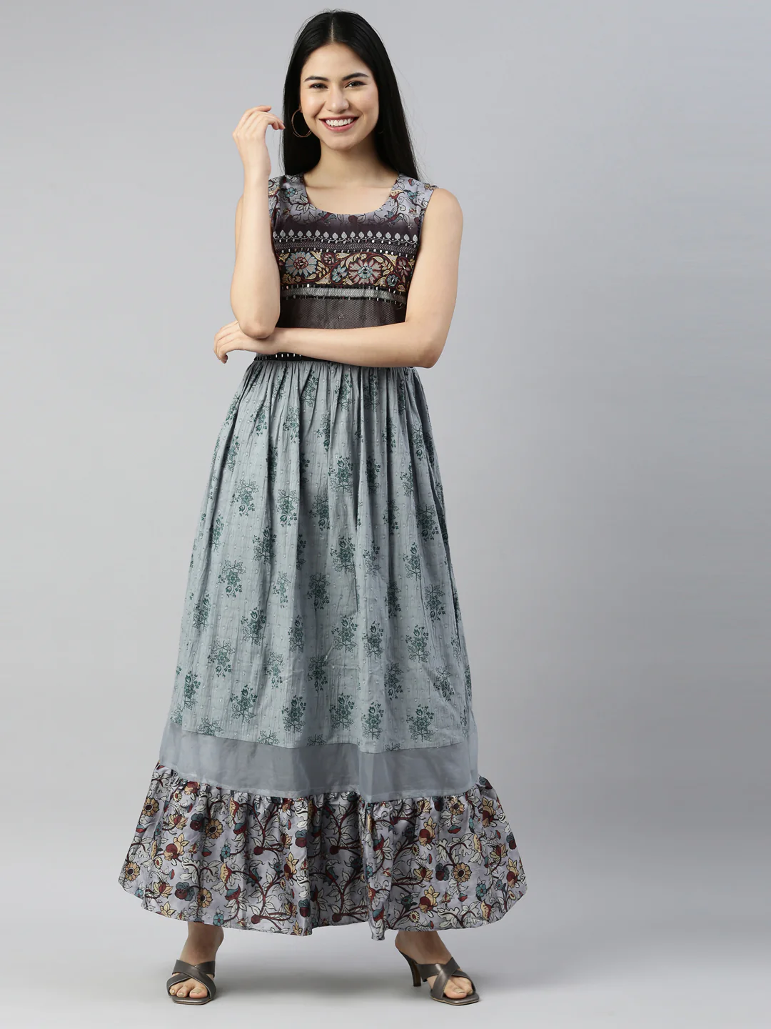 Neerus Grey Color Cotton Fabric Kurta