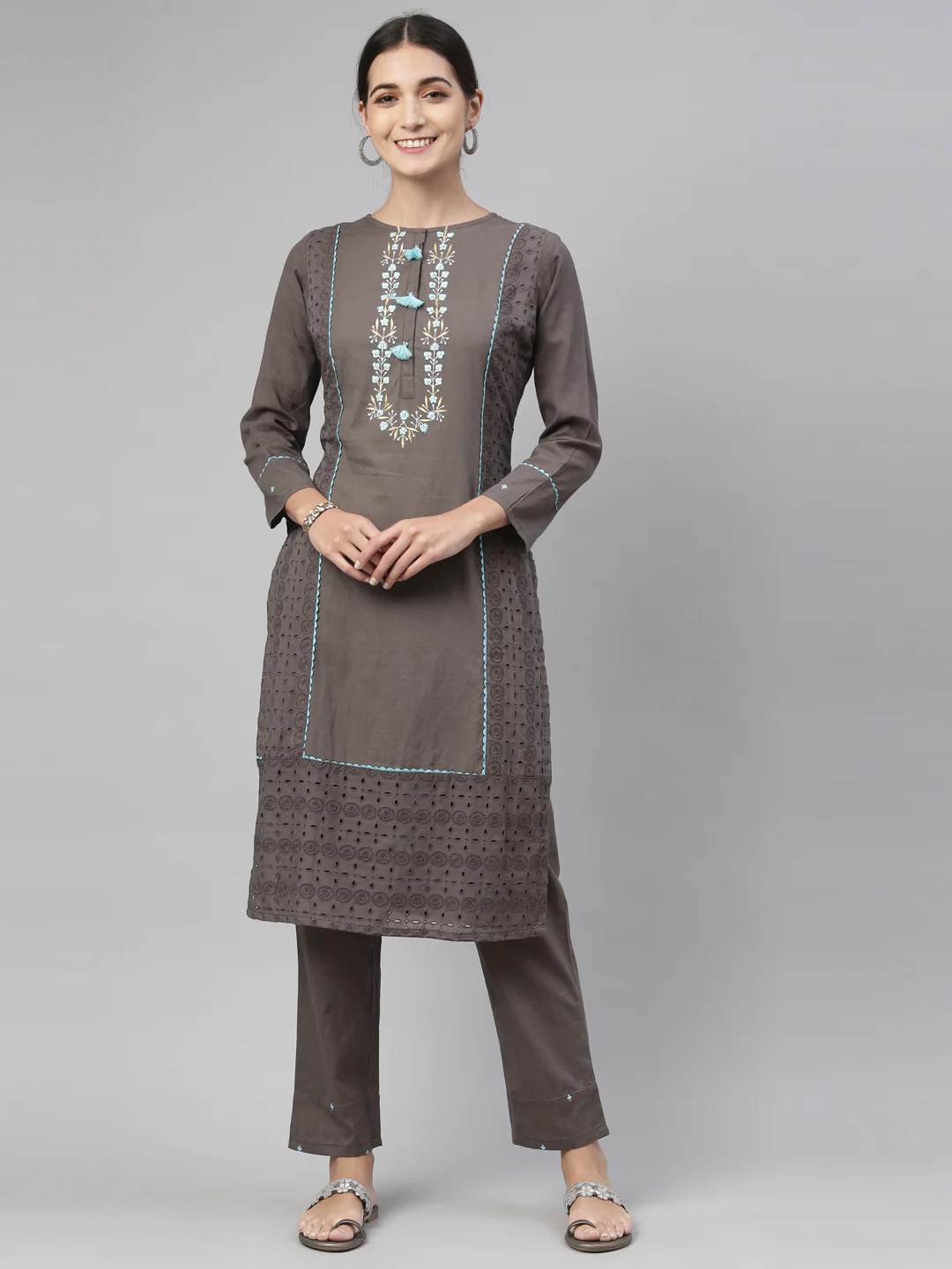 Neerus Grey Color Cotton Fabric Kurta Set