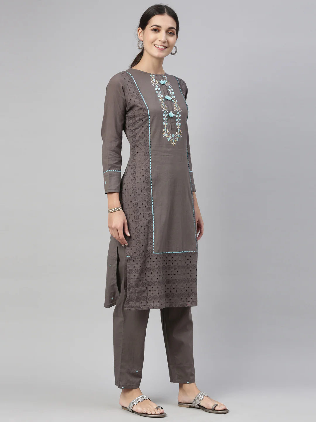 Neerus Grey Color Cotton Fabric Kurta Set - Image 6