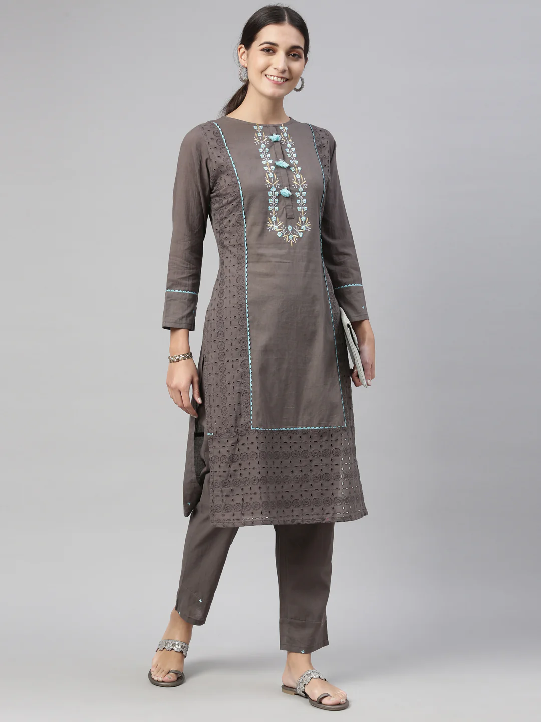 Neerus Grey Color Cotton Fabric Kurta Set - Image 8