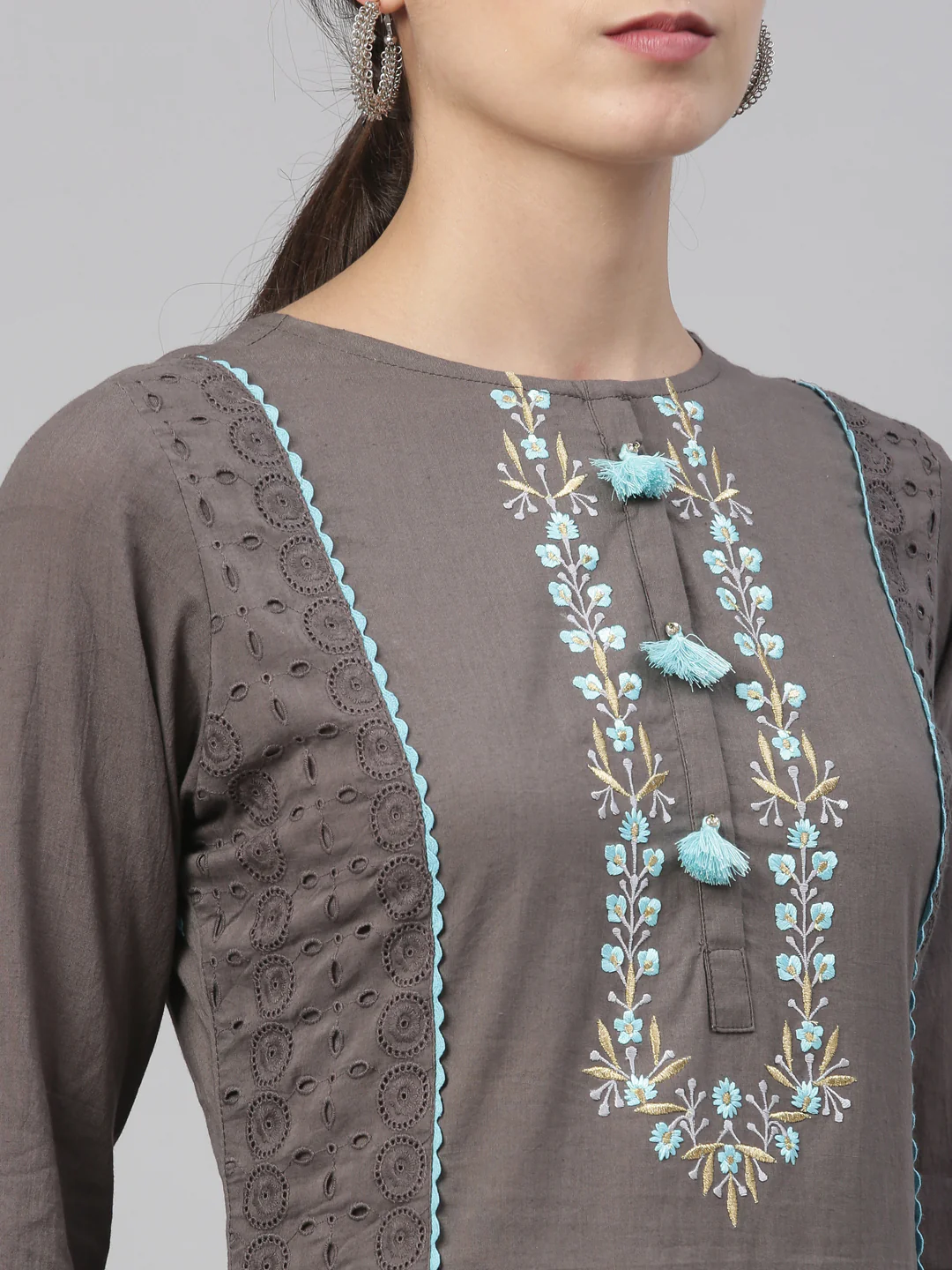 Neerus Grey Color Cotton Fabric Kurta Set - Image 9