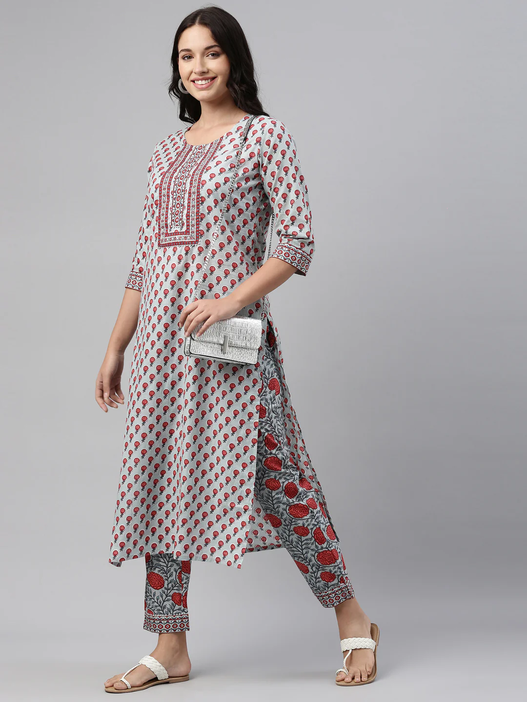 Neerus Grey Color Cotton Fabric Tunic Set