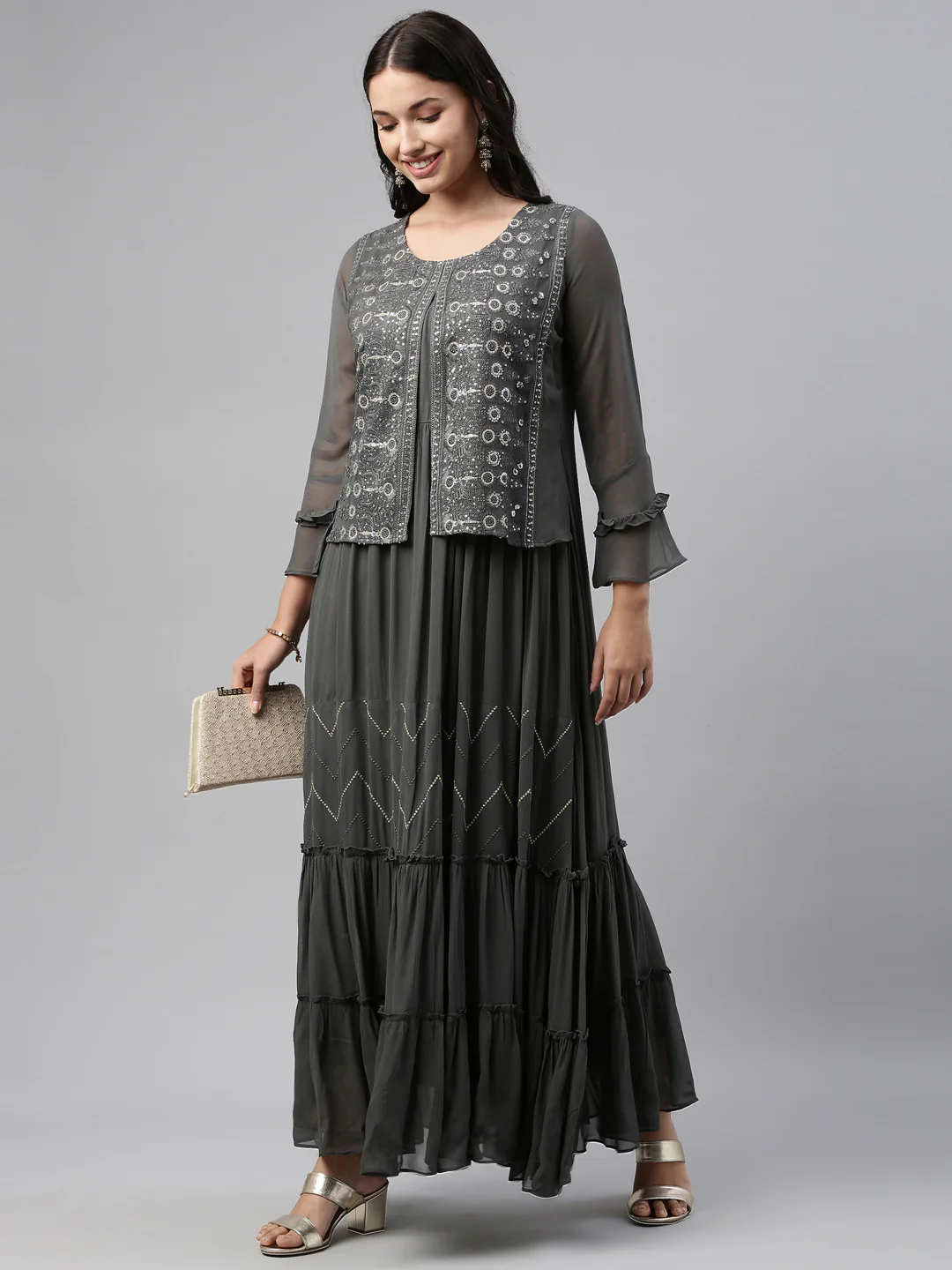 Neerus Grey Color Georgette Fabric Tunic