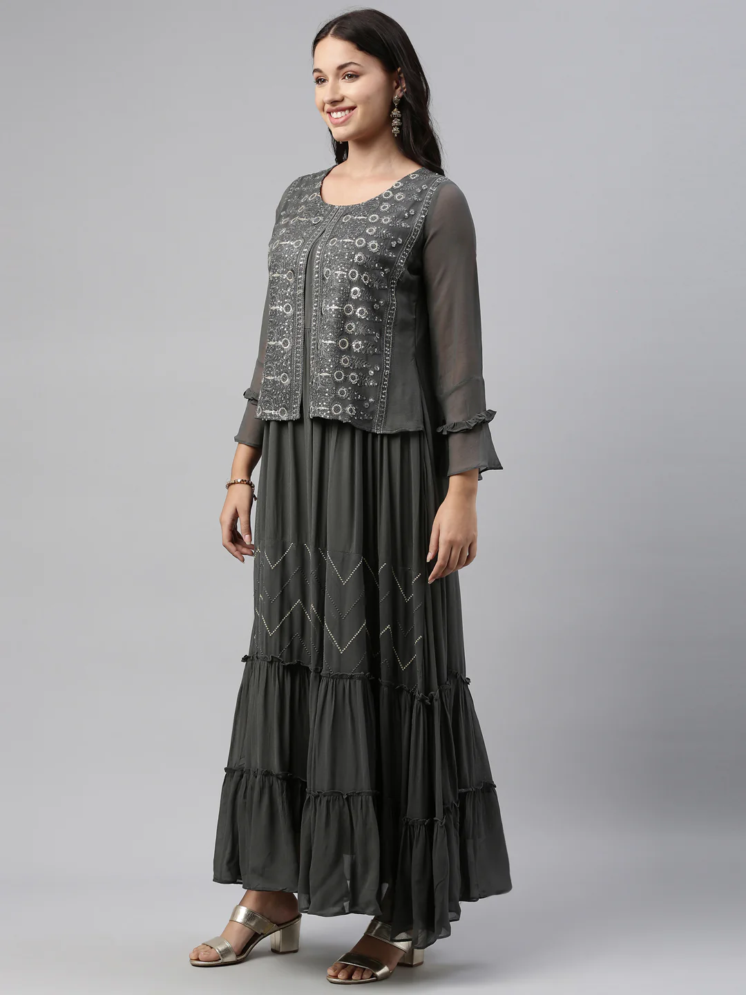 Neerus Grey Color Georgette Fabric Tunic - Image 3