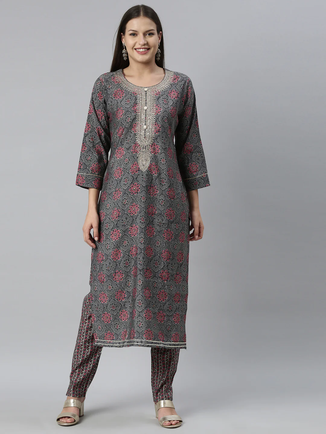 Neerus Grey Color Muslin Fabric Kurta Set - Image 10
