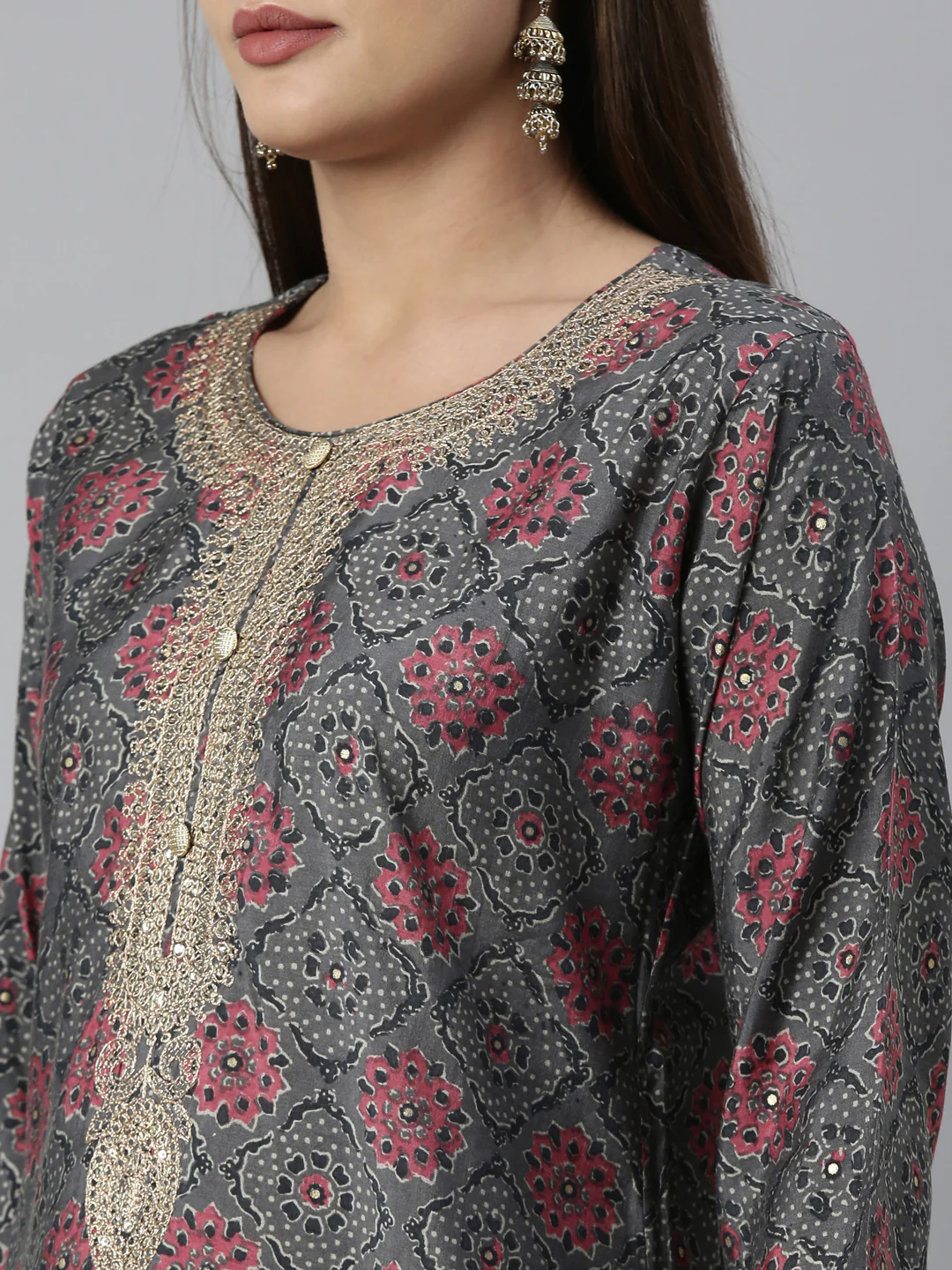 Neerus Grey Color Muslin Fabric Kurta Set - Image 8