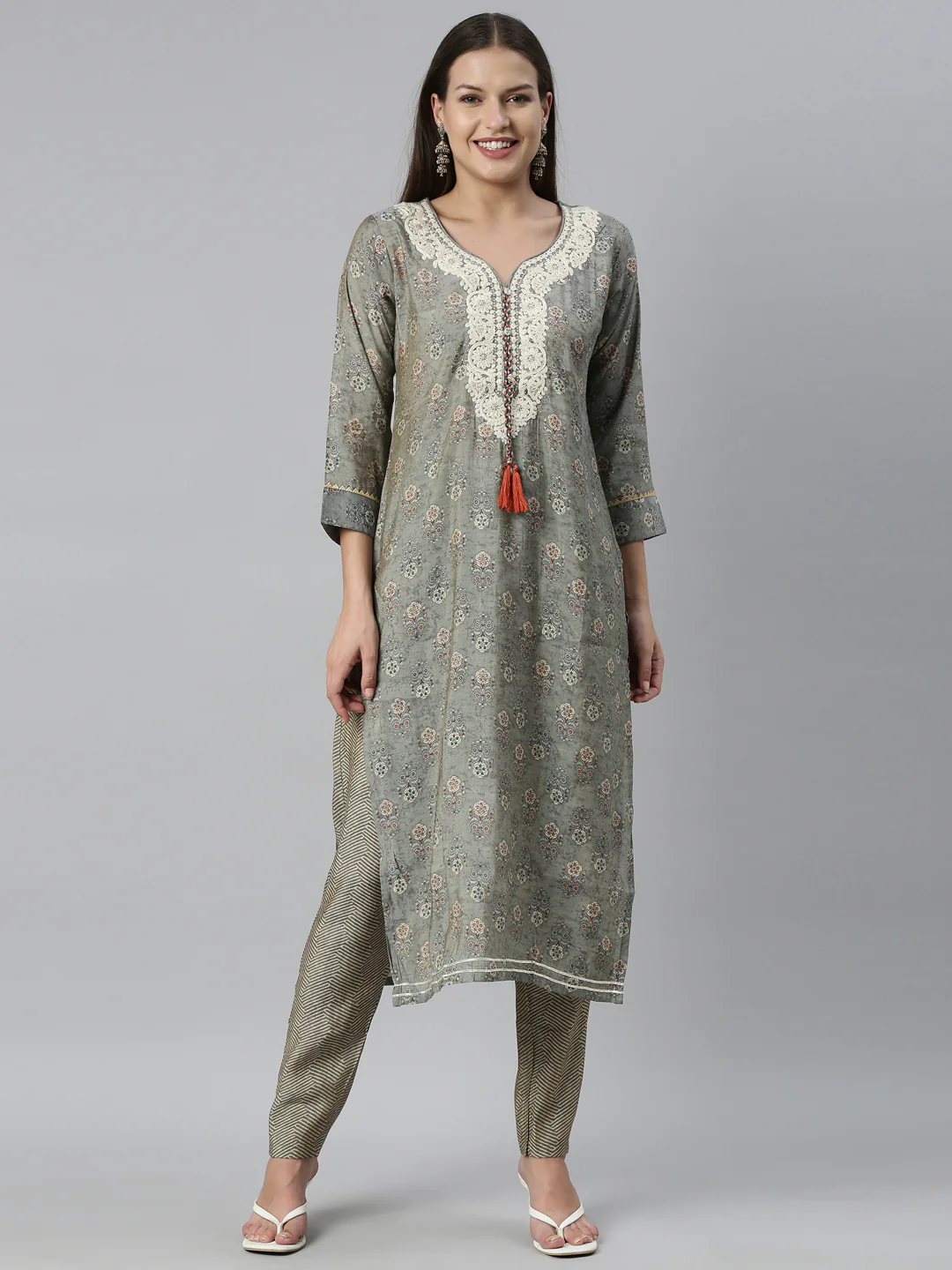 Neerus Grey Color Muslin Fabric Kurta Set - Image 10