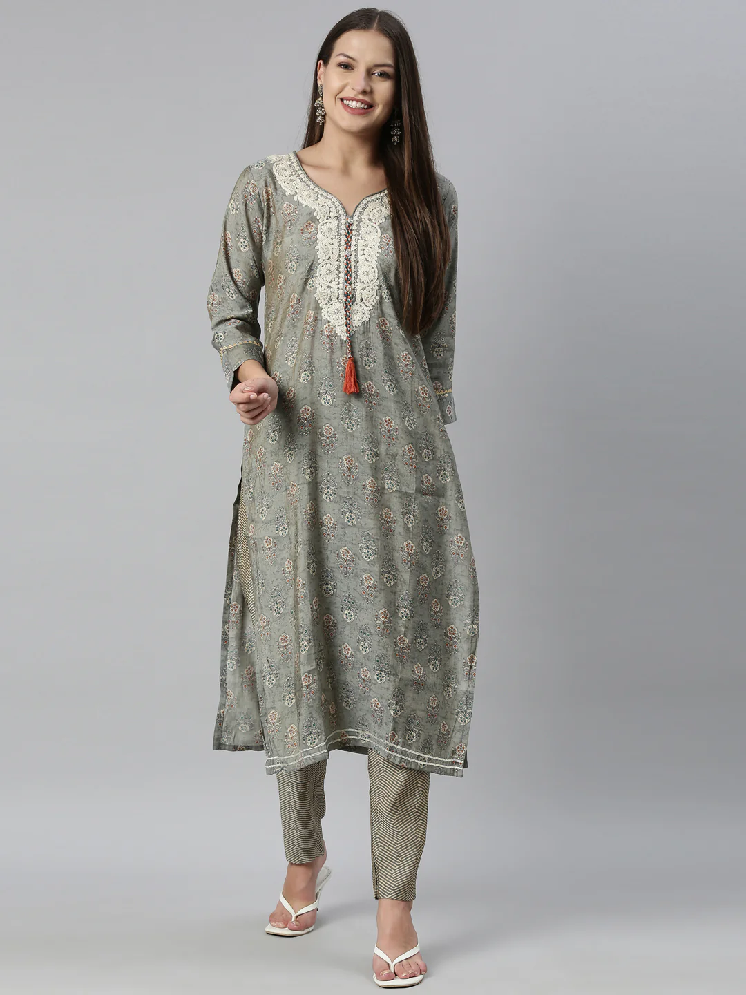 Neerus Grey Color Muslin Fabric Kurta Set - Image 6