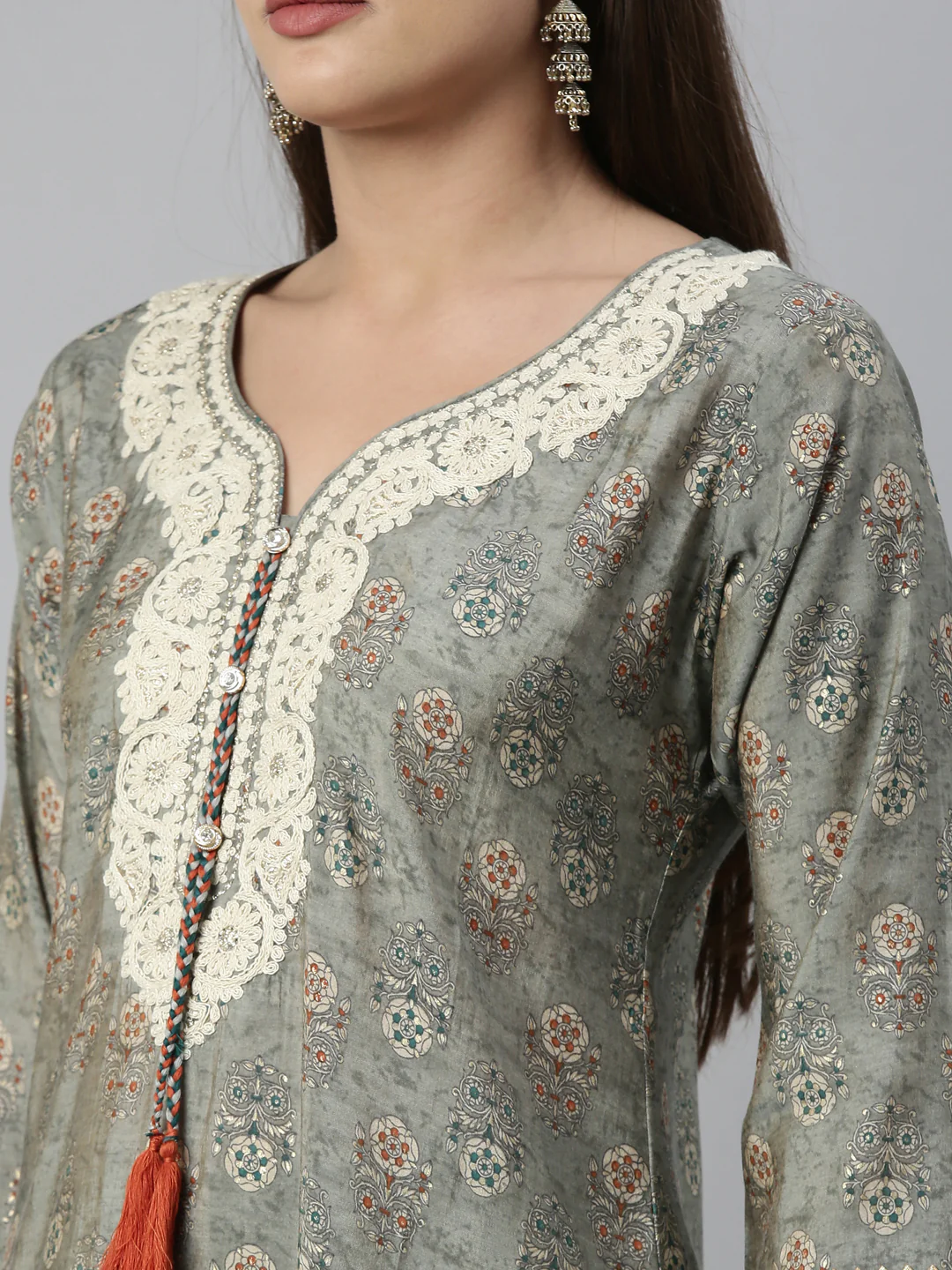 Neerus Grey Color Muslin Fabric Kurta Set - Image 8