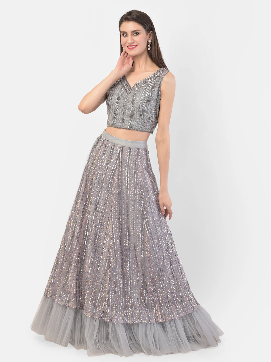 Neerus Grey Color Nett Fabric Ghagra Set - Image 5