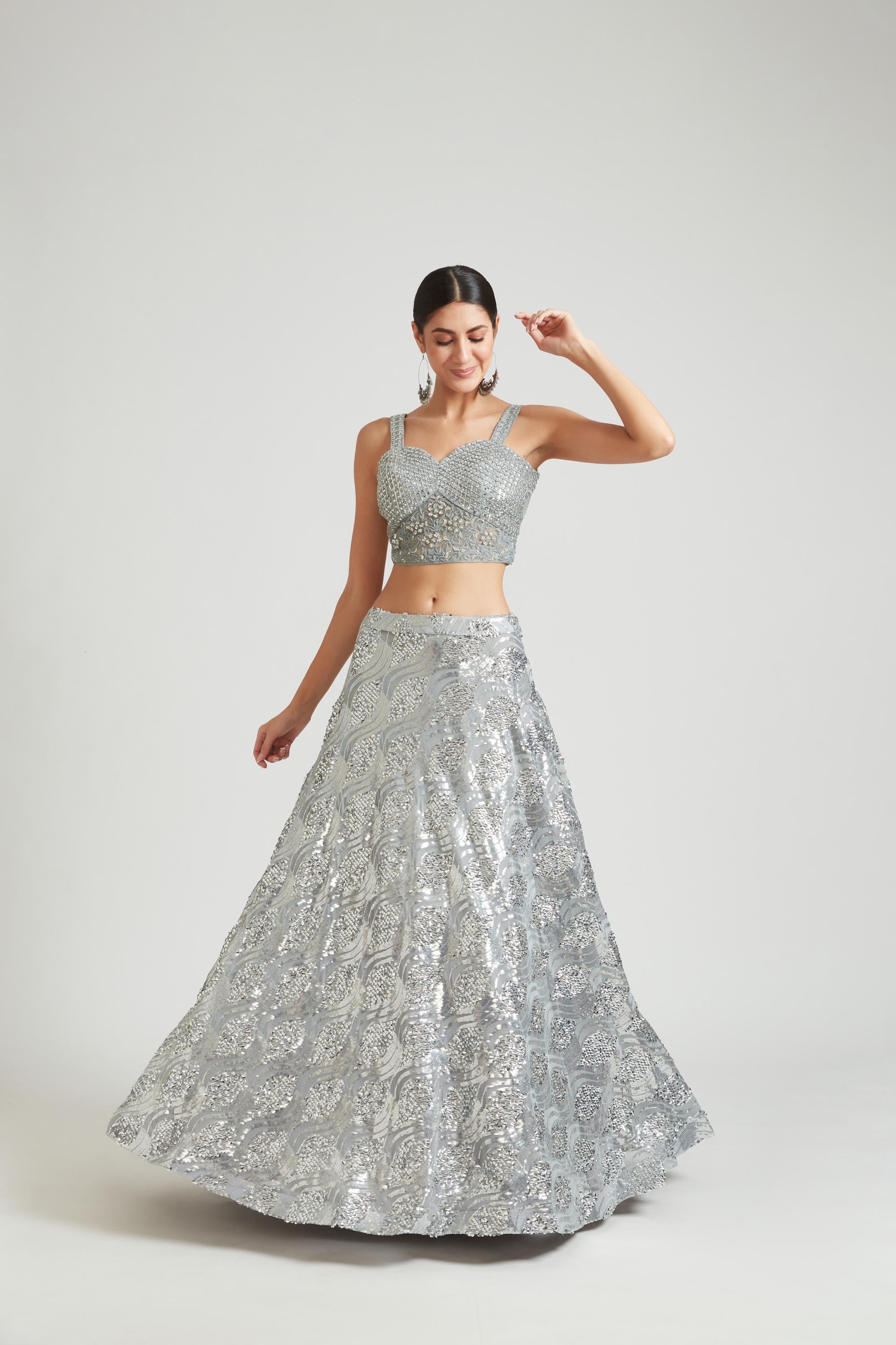 Neerus Grey Color Nett Fabric Lehenga Choli