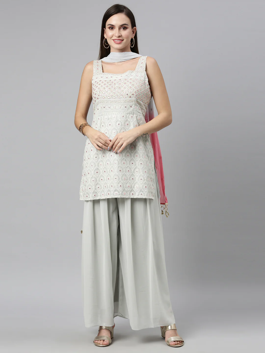Neerus Grey Color Poly Georgette Fabric Kurta Sets With Dupatta