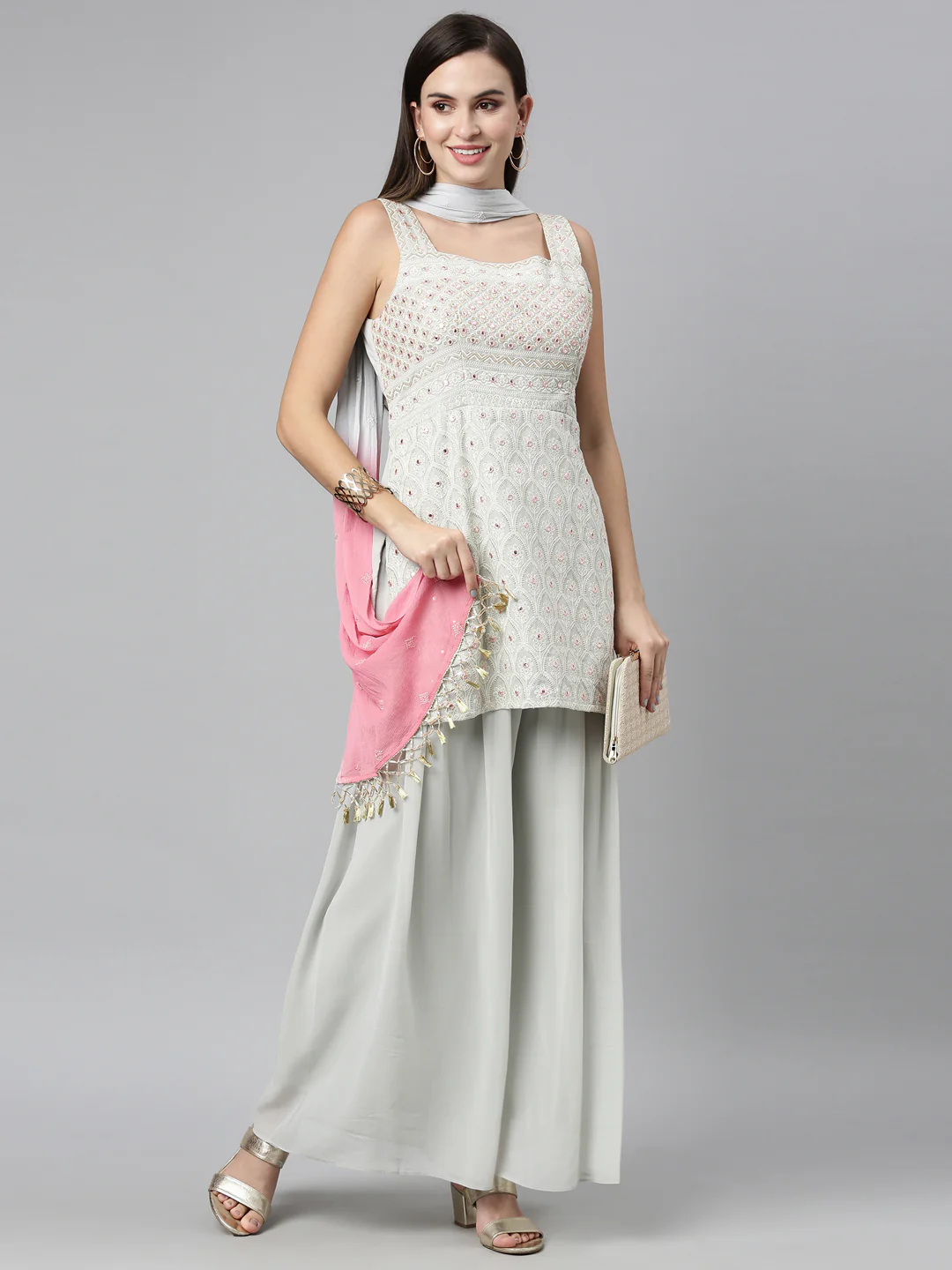 Neerus Grey Color Poly Georgette Fabric Kurta Sets With Dupatta - Image 5