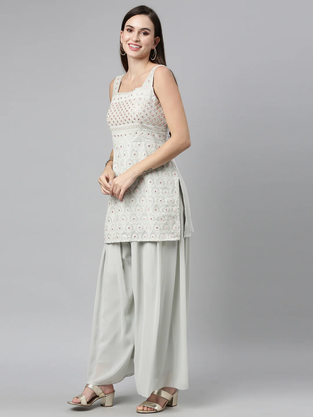 Neerus Grey Color Poly Georgette Fabric Kurta Sets With Dupatta - Image 6