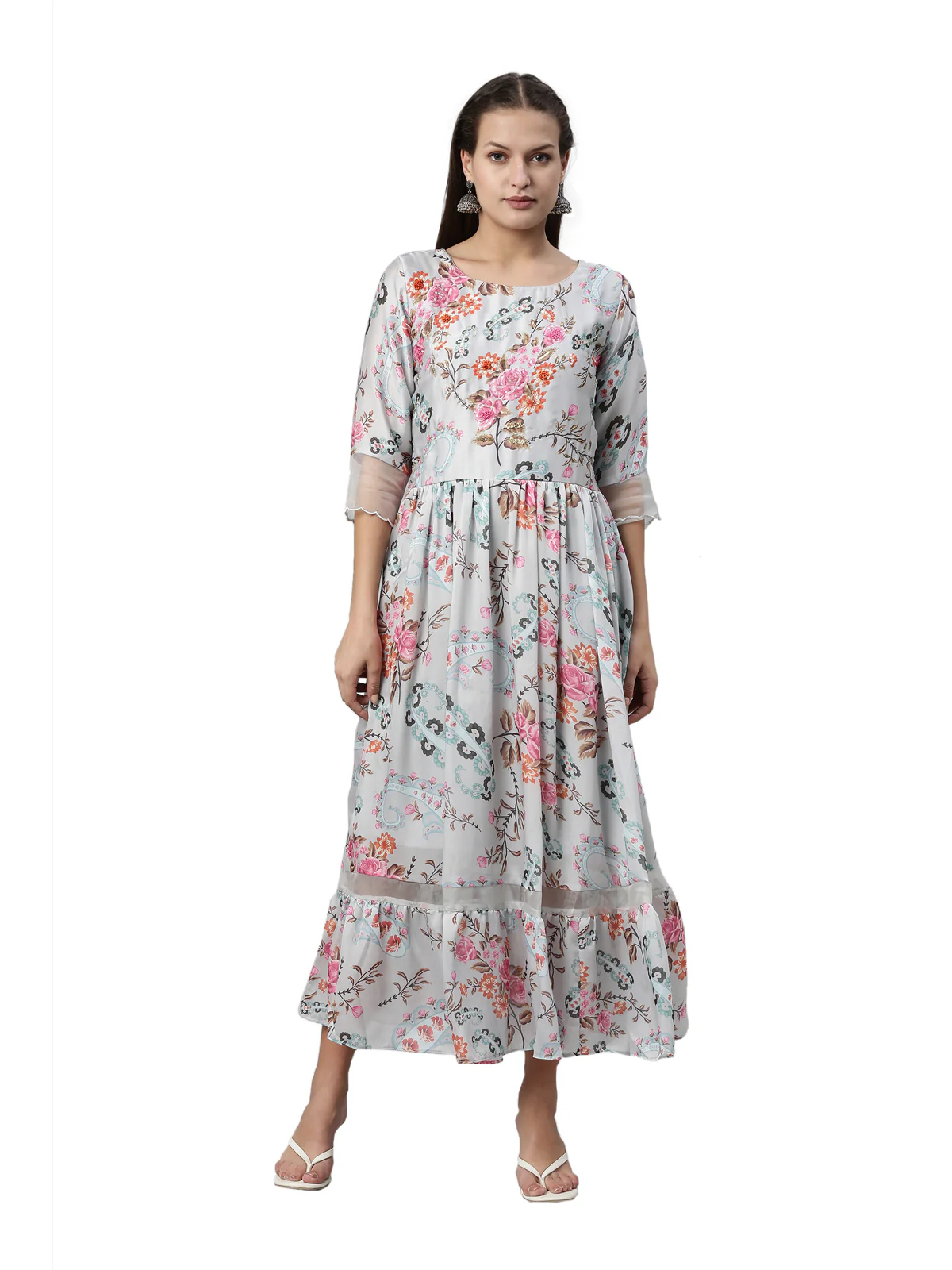 Neerus Grey Color Satin Fabric Kurta