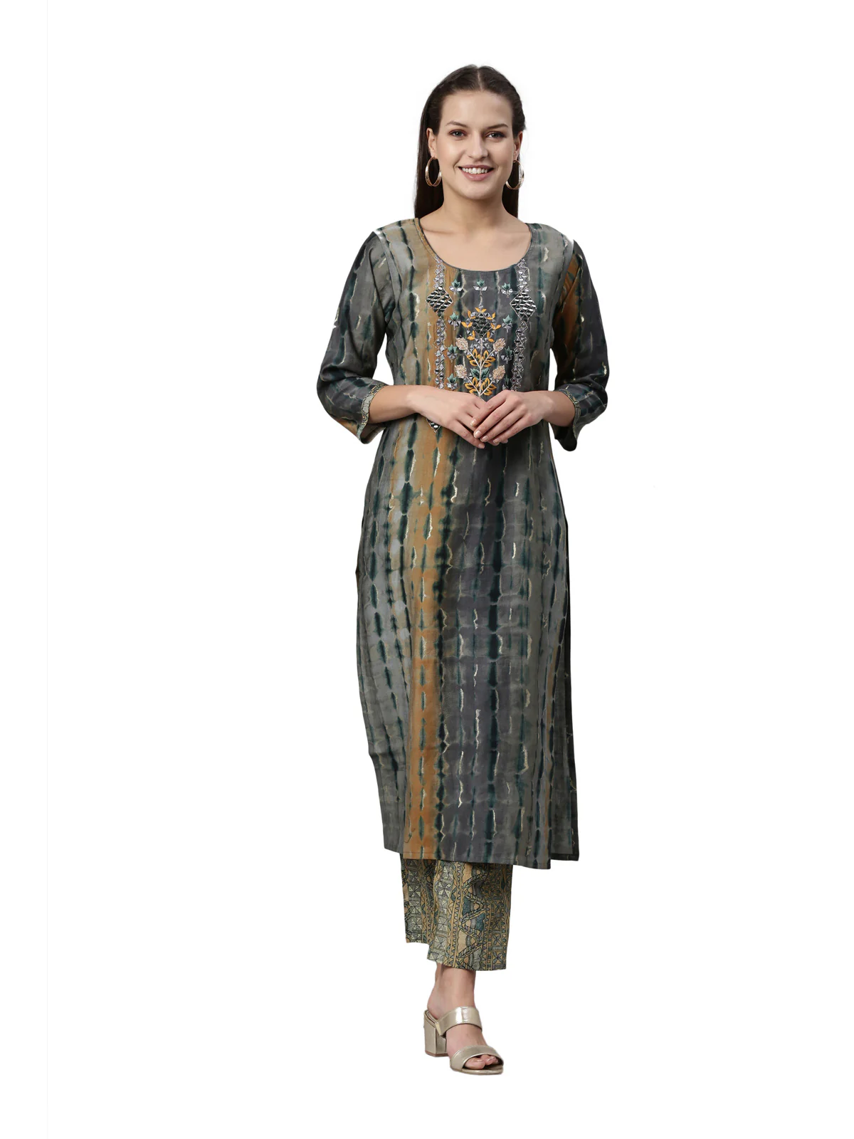 Neerus Grey Color Satin Fabric Kurta Set