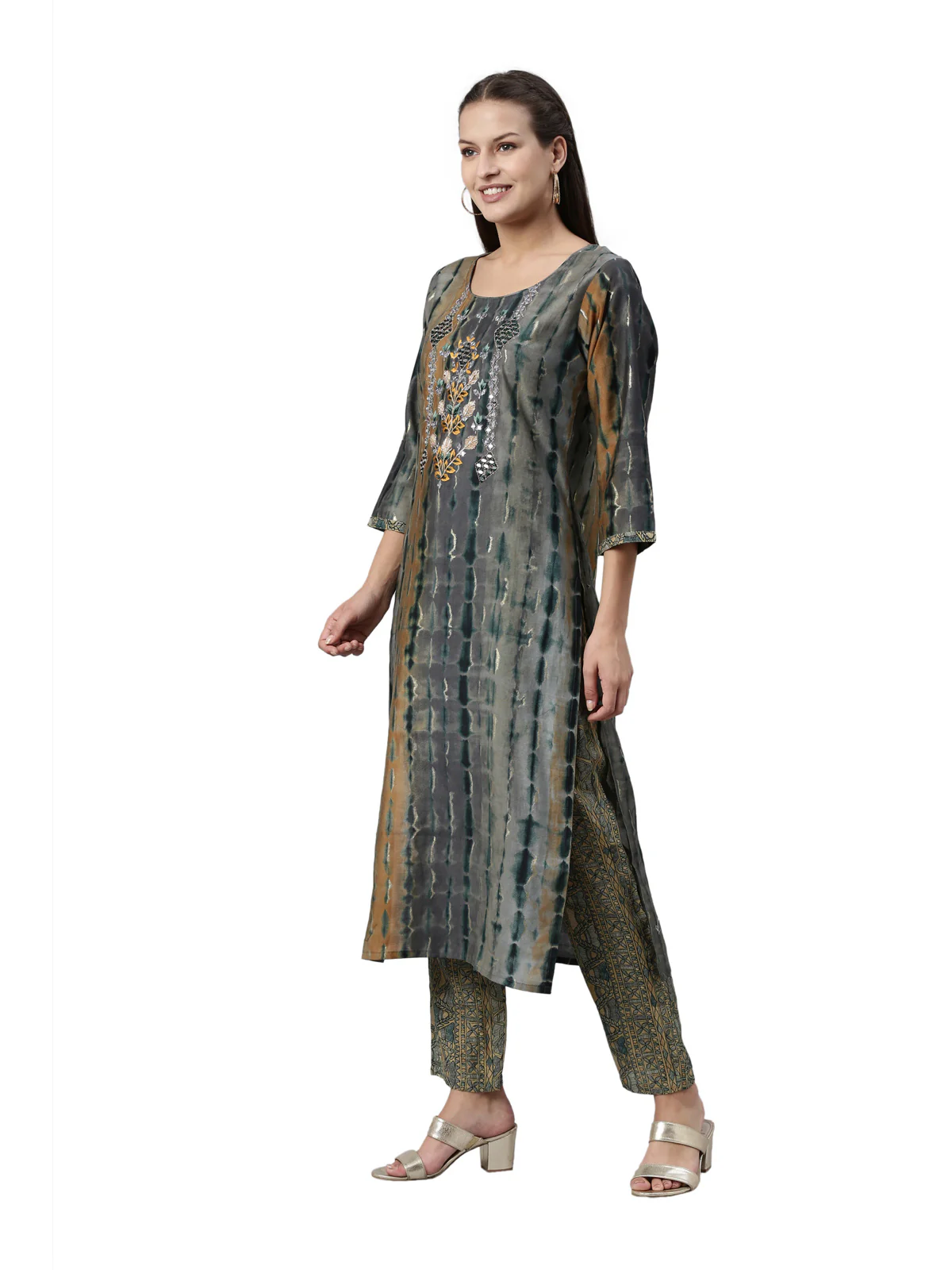 Neerus Grey Color Satin Fabric Kurta Set - Image 3