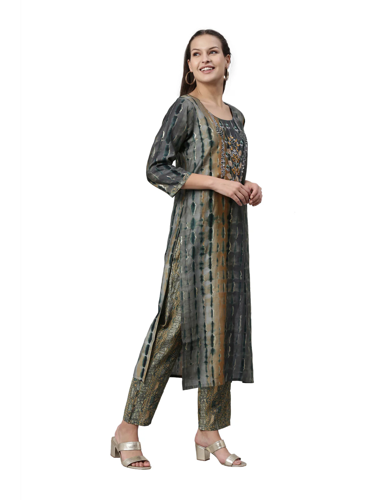 Neerus Grey Color Satin Fabric Kurta Set - Image 4
