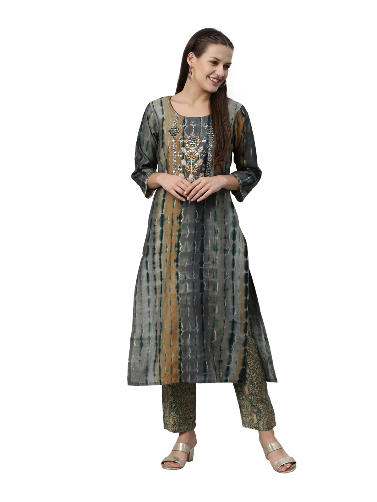 Neerus Grey Color Satin Fabric Kurta Set - Image 6