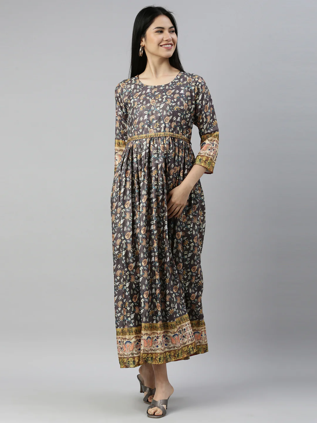 Neerus Grey Color Silk Fabric Kurta