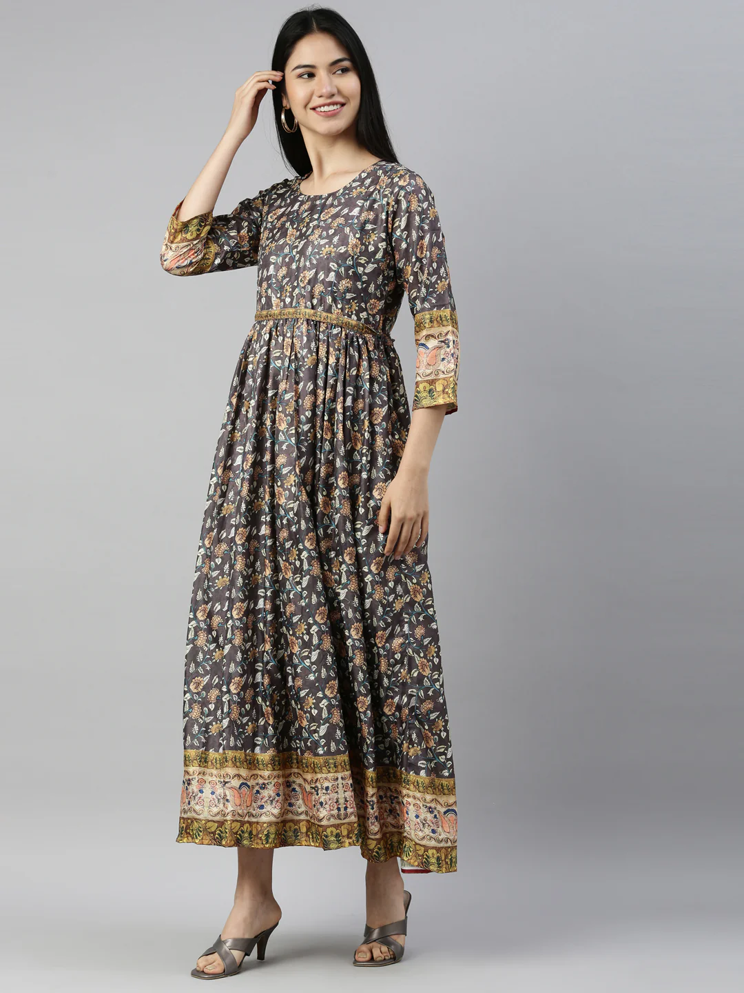 Neerus Grey Color Silk Fabric Kurta - Image 3