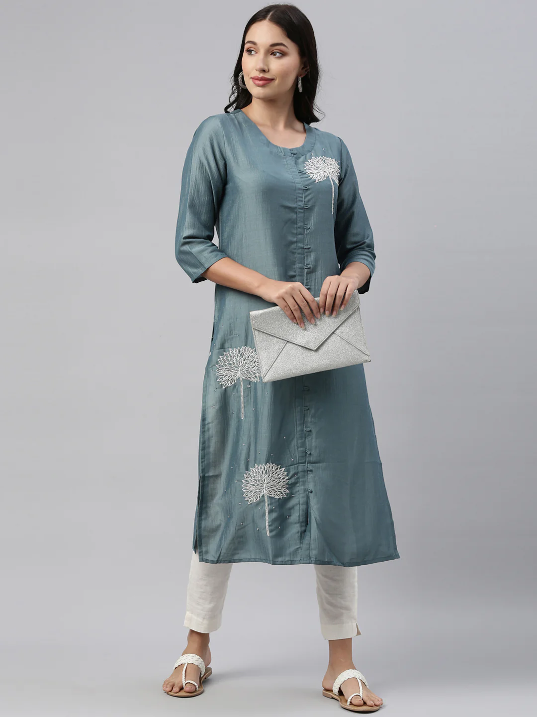 Neerus Grey Color Silk Fabric Tunic