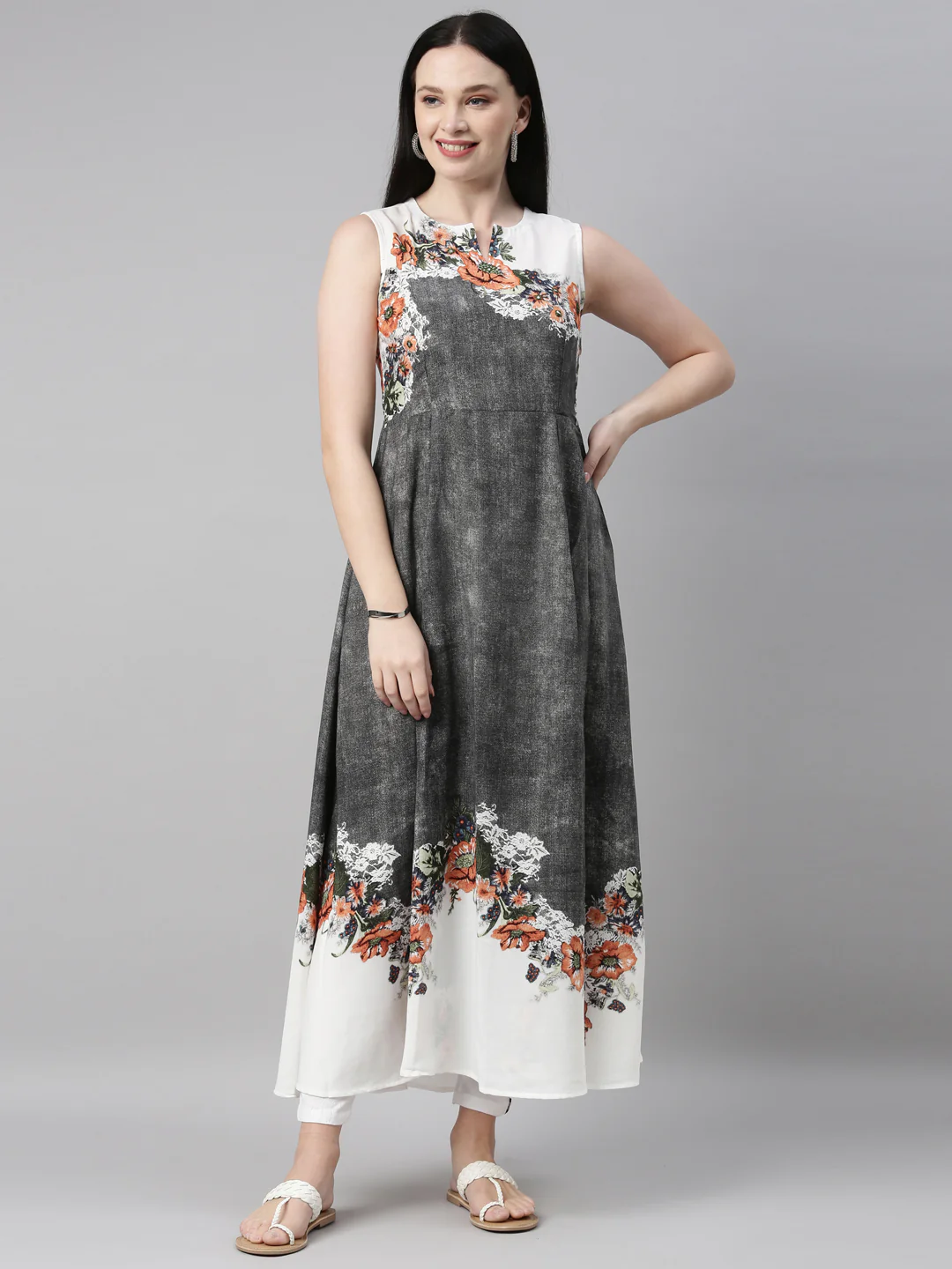 Neerus Grey Color Slub Riyon Fabric Kurta