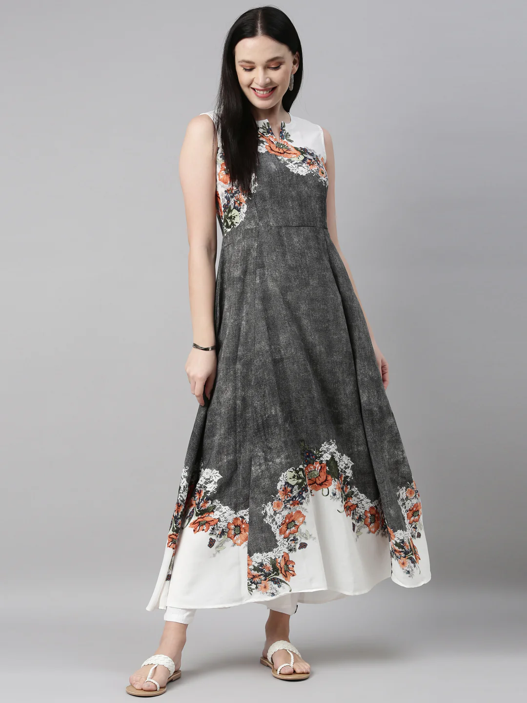 Neerus Grey Color Slub Riyon Fabric Kurta - Image 6