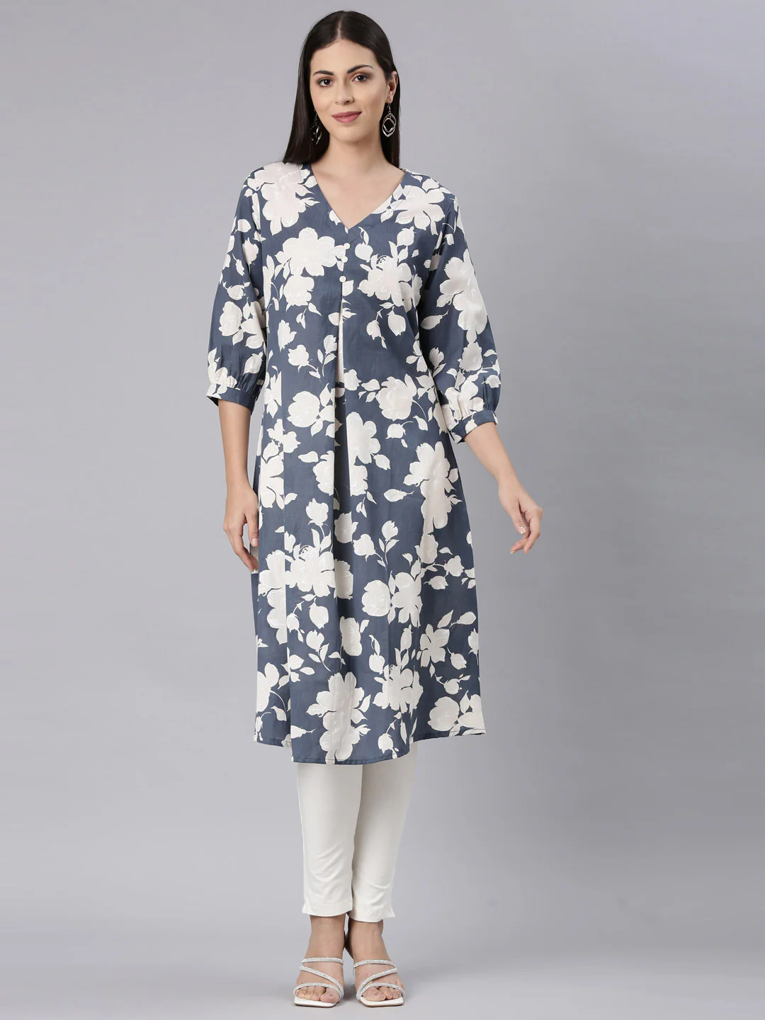 Neerus Grey Curved Casual Floral Anarkali Kurta