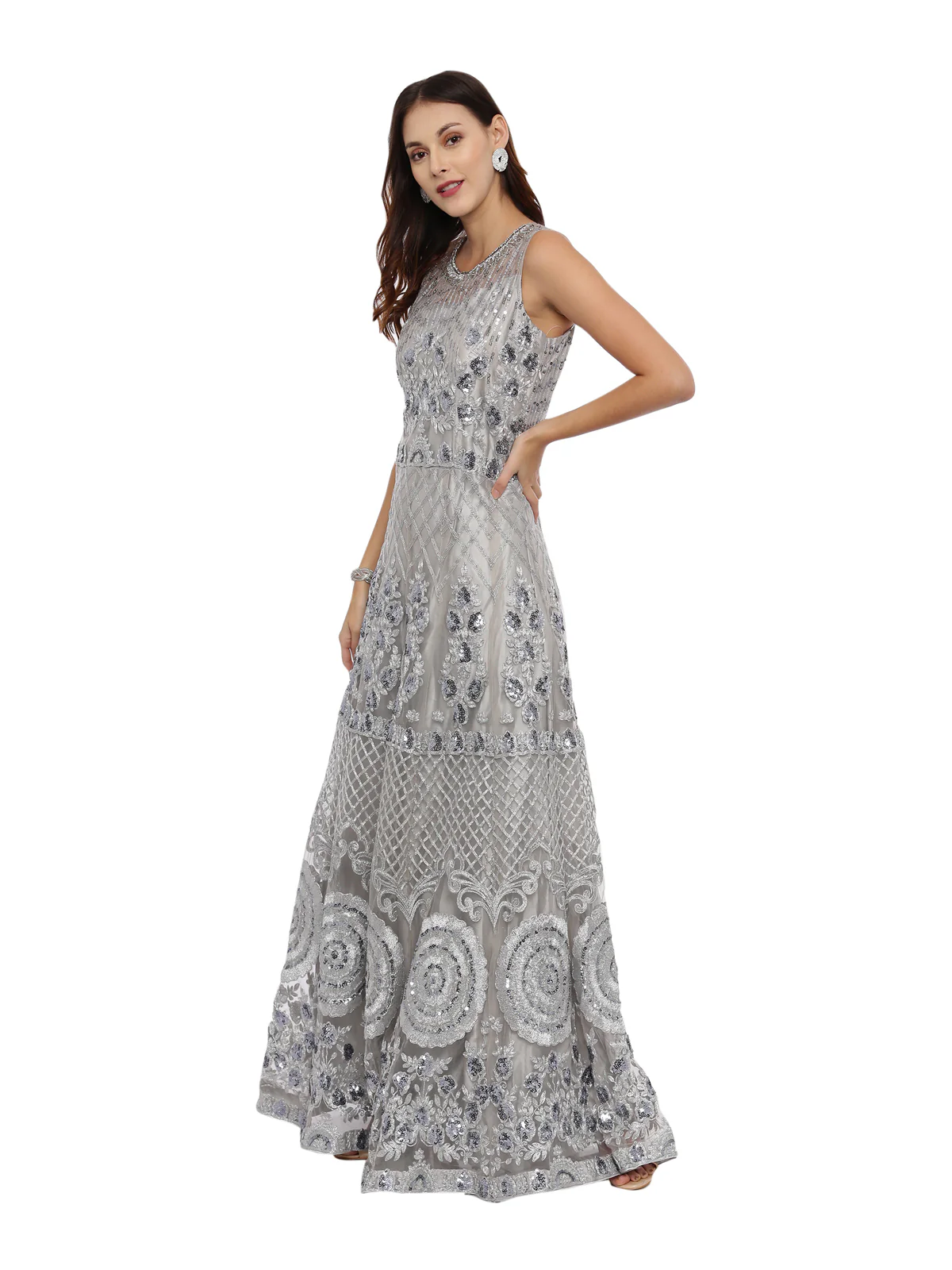 Neerus Grey Embellished Anarkali Kurta With Dupatta - Image 5