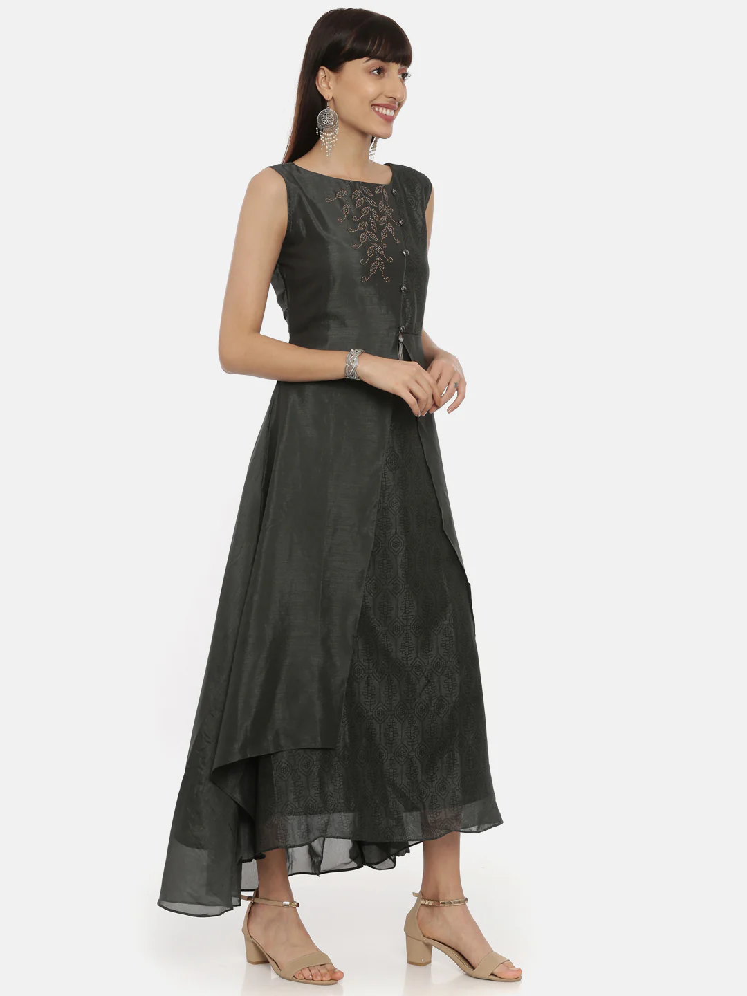 Neerus Grey Embellished Flared Kurta - Image 4